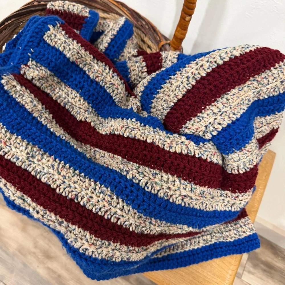 Hand Crocheted Vintage Afghan‎ Blanket Blue Red  Americana Cottagecore